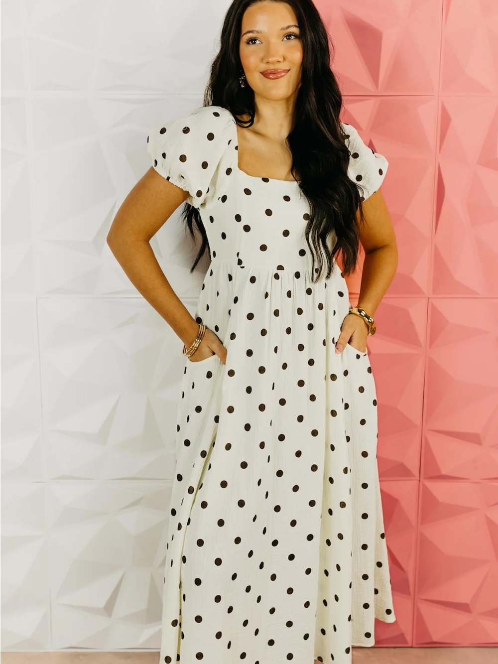 Polka Dot Puff Sleeve Maxi Dress - White with Brown Dots